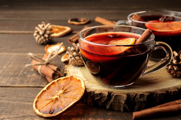 Christmas Hot mulled wine with cinnamon and orange