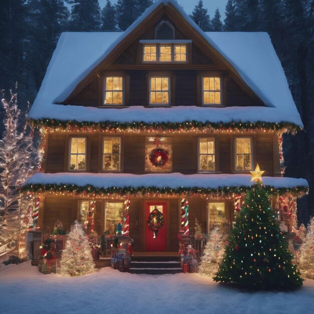 Foto casa di natale decorata con albero di natale magico e luci