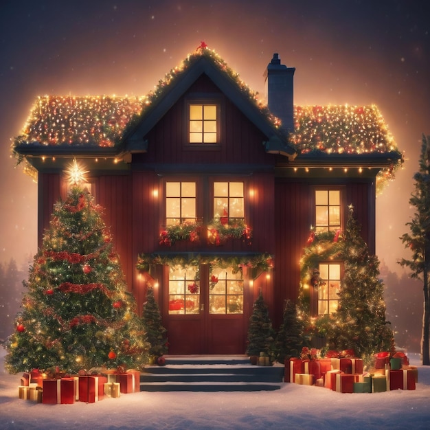 Foto casa di natale decorata con albero di natale magico e luci