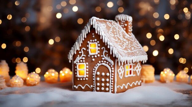 クリスマスの精神で生<unk>クッキーで作られたクリスマスハウスと背景の木