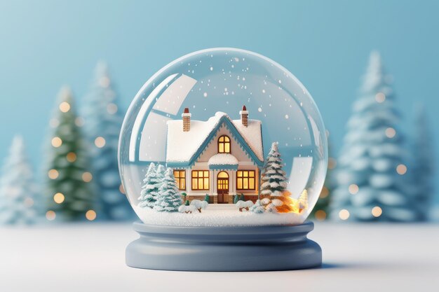 Рождественский дом в снегу внутри снежного стеклянного глобуса Генеративный ИИ