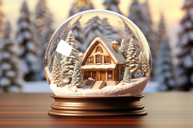 Christmas house in the snow inside a snow glass globe Generative AI