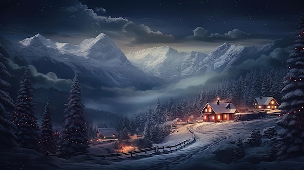 Christmas house in the snowy mountains