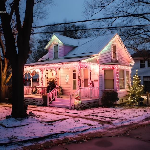 A christmas house with decorations snow and christmas tree for winter holidays Christmas home