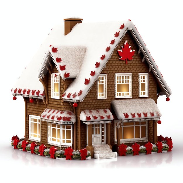 Foto una casa di natale con decorazioni di neve e albero di natale per le vacanze invernali