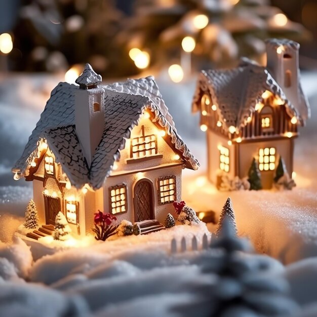 Foto una casa di natale con decorazioni di neve e albero di natale per le vacanze invernali