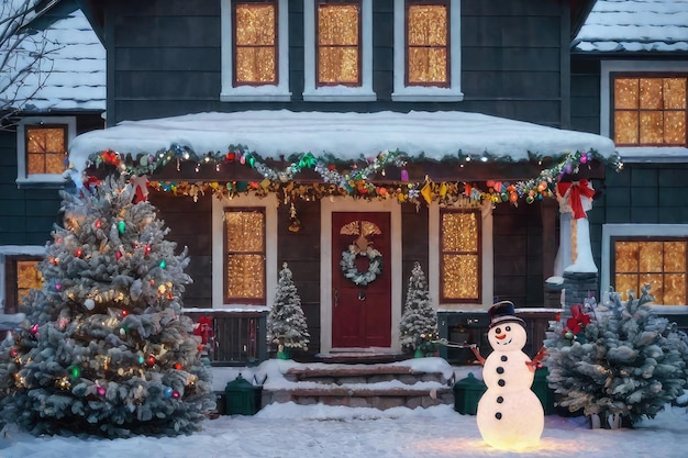 Photo a christmas house with a snowman in the yard