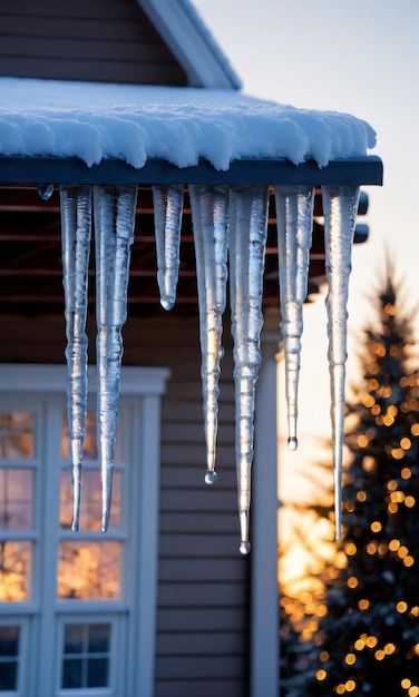 クリスマス の 氷 の 塊 が 雪 の 覆っ た 屋根 から 夕方 の 光 に 吊り下げ られ て いる