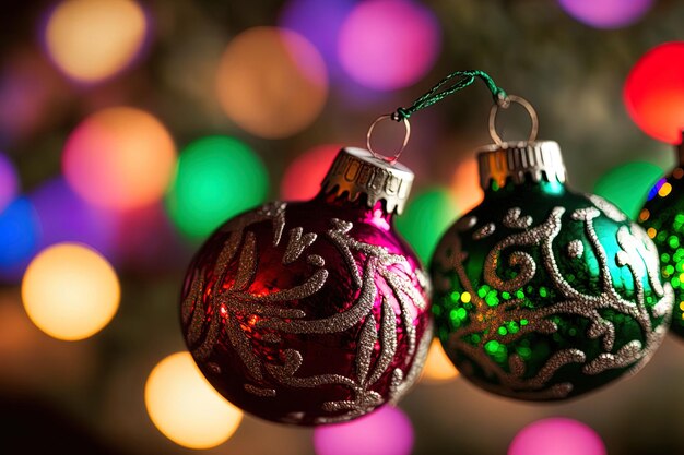 Christmas idea close up of ornaments with multicolored bokeh in the backdrop