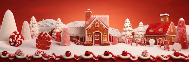 Christmas illustration of a gingerbread house on a red background Generative AI