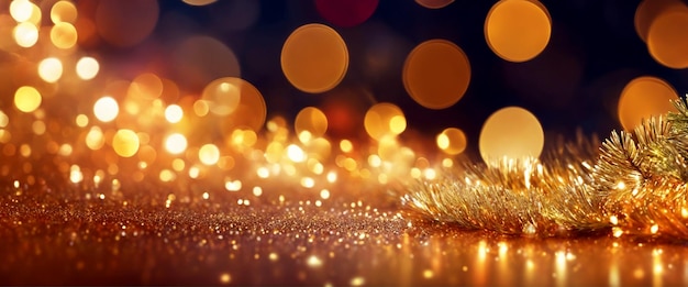 Фото Рождественская иллюстрация в золотых тонах с размытыми огнями, яркими блестящими украшениями и эффектом боке генеративный ai