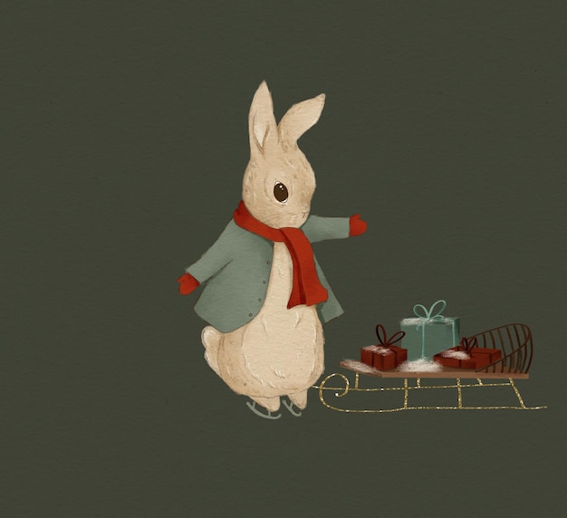 Christmas illustration of a rabbit in classic Christmas colors, greeting Christmas card