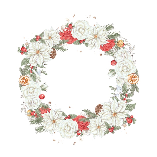 Christmas illustration set wreath of winter flowers poinsettia cotton and orange