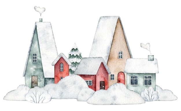 Christmas illustration snowy street with cute houses with doors windows chimney with snow