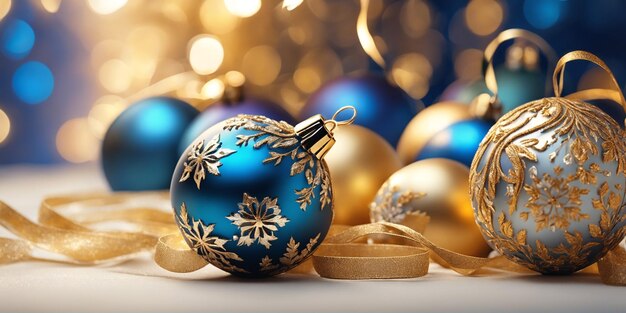 Christmas illustration with blue and golden balls and other decorations Generative AI