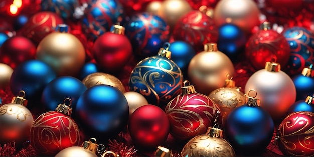 Christmas illustration with blue red and golden balls and other decorations Generative AI