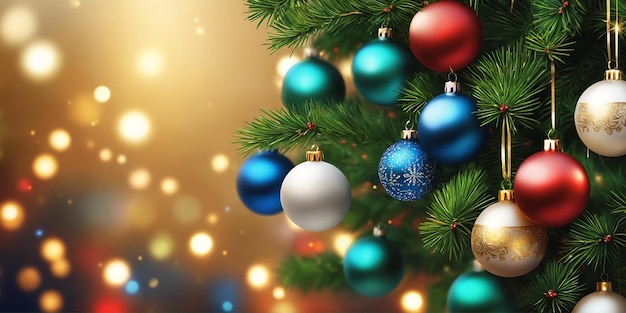 Christmas illustration with Christmas tree branches colored balls and other decorations Generative AI