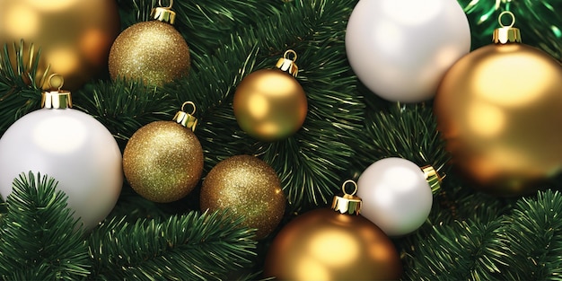 Christmas illustration with green Christmas tree branches with white and golden balls Generative AI