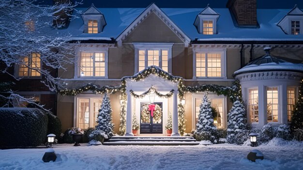 Фото Рождество в сельской местности английский загородный особняк украшен для праздников в снежный зимний вечер со снегом и праздничными огнями счастливого рождества и счастливых праздников