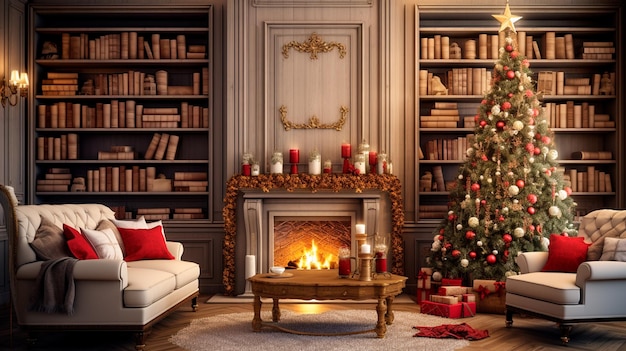 Christmas interior design christmas tree with gifts and candles on the background Generative AI