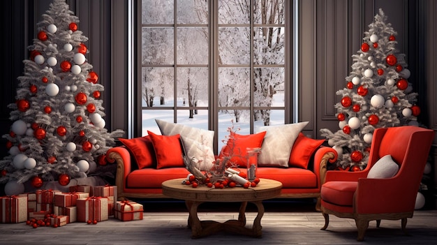 christmas interior design kerstboom met geschenken en kaarsen op de achtergrond Generatieve AI-illustrator