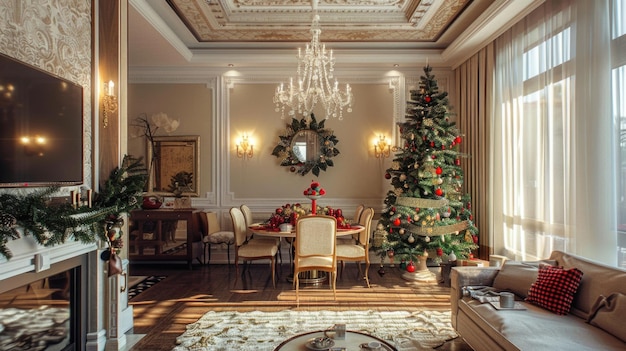 Foto disegno d'interno natalizio con albero decorato e tavolo da pranzo