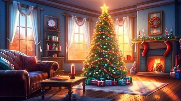 Christmas interior of a living room with a sofa decorated Generative ai