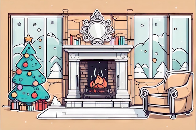 Christmas interior magical glowing tree fireplace and gifts in the living room