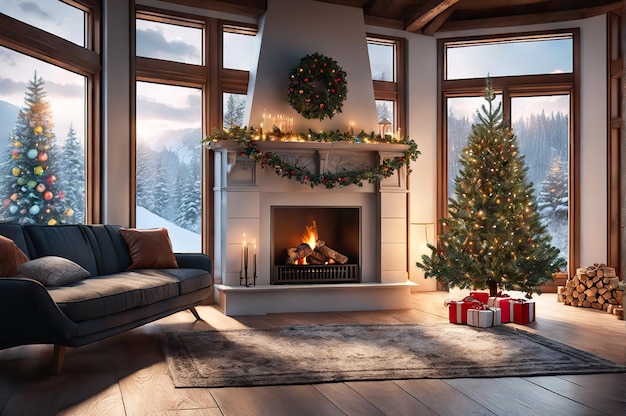 Рождественский интерьер волшебной светящейся елки, камина и подарков в гостиной