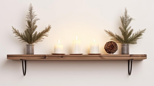 Christmas interior wall mockup with hanging pine branch with holiday decorations and candles