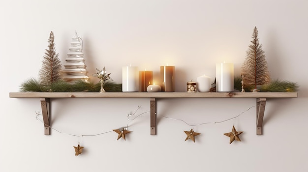 Christmas interior wall mockup with hanging pine branches with holiday decorations