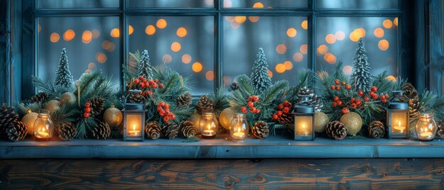 Photo christmas interior with decorative branches cedar cones fir tree and winter windows on wooden plank background new year39s winter composition