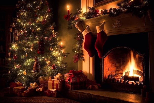 Christmas interior with fireplace, Santa, Christmas tree, gifts, window with winter landscape.  illustration.