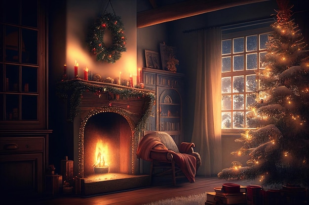 Christmas interior with fireplace, Santa, Christmas tree, gifts, window with winter landscape. illustration.