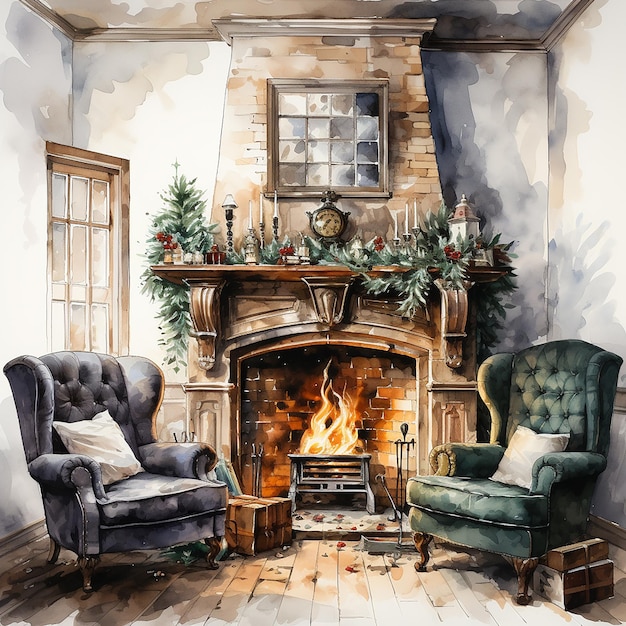 Christmas Interior with Fireplace Watercolor