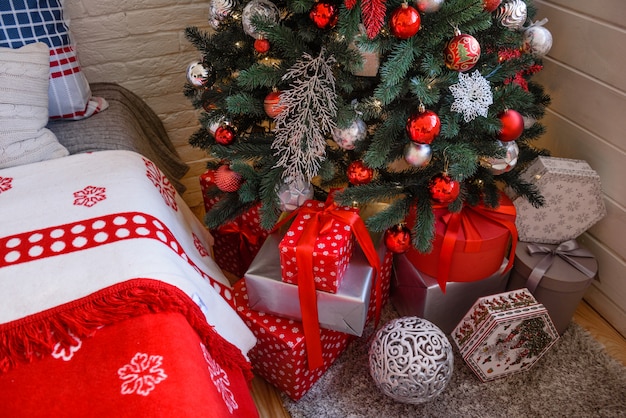 Christmas interior with gift boxes and Christmas decoration