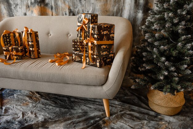 Christmas interior with gift boxes and Christmas fires.  