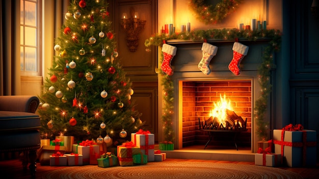 Рождественский интерьер с подарками, камином и елкой Генеративный AI