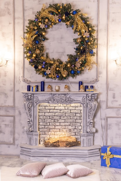 christmas interior with tree fireplace and decorations