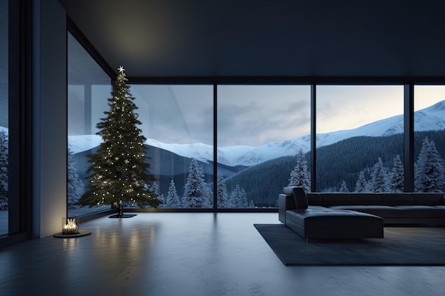 Christmas interior with Xmas tree Modern house and living room in mountains Generative AI