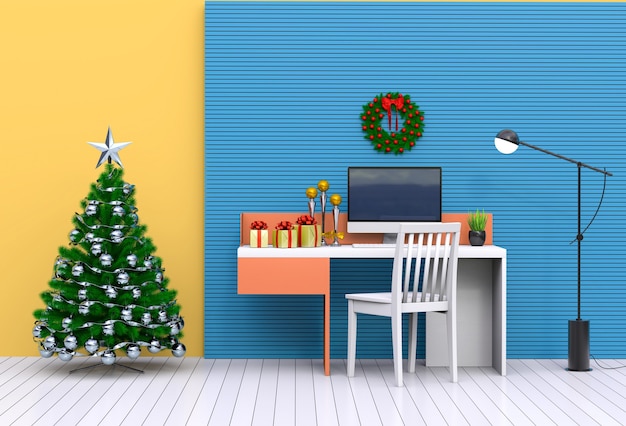 Christmas interior workspace with computer. 3d render