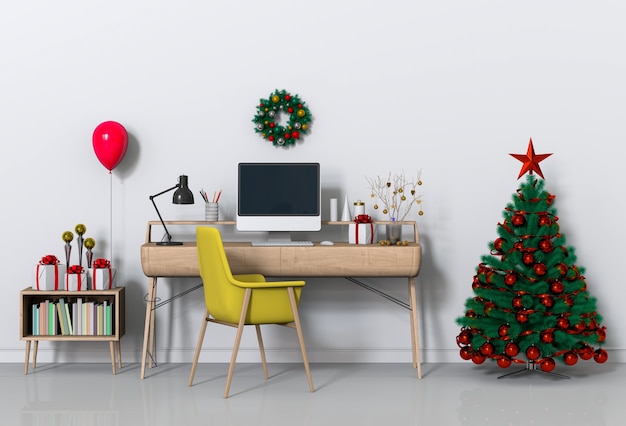 Christmas interior workspace with computer. 3d render