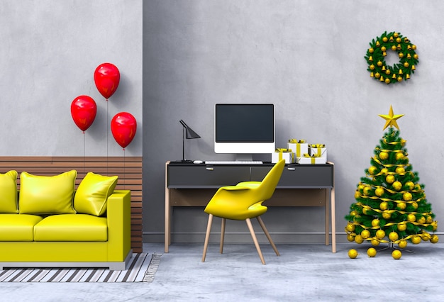 Christmas interior workspace with computer. 3d render