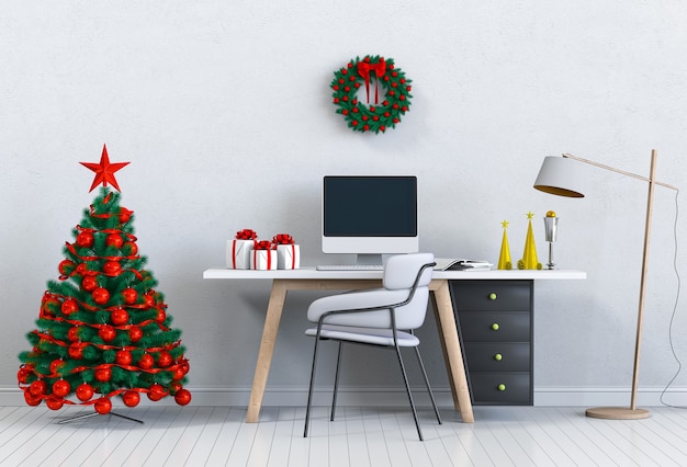 Christmas interior workspace with computer. 3d render