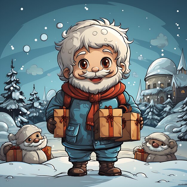 Christmas is a simple cartoon image Cartoon Santa Claus standing in a snowy forest