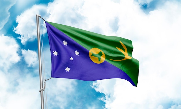 Christmas Island flag waving on sky background 3D Rendering