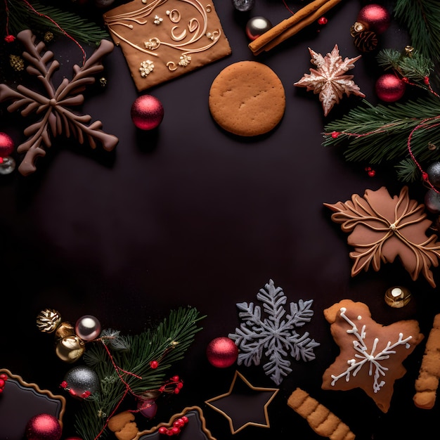 Christmas items on flat black background in flat lay perspective neural network generated art