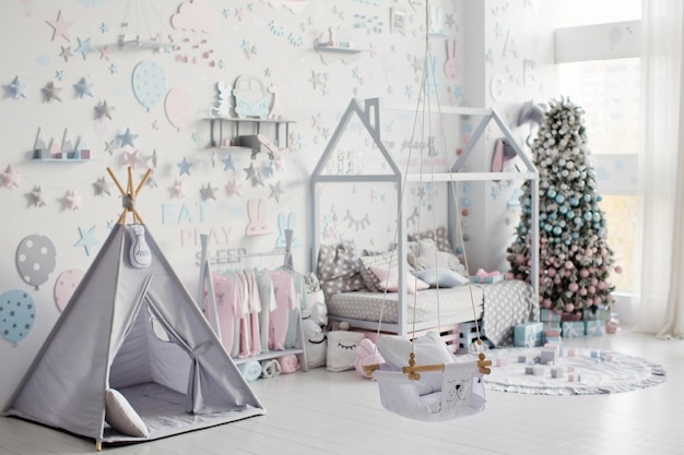 Christmas kids room interior with bed
