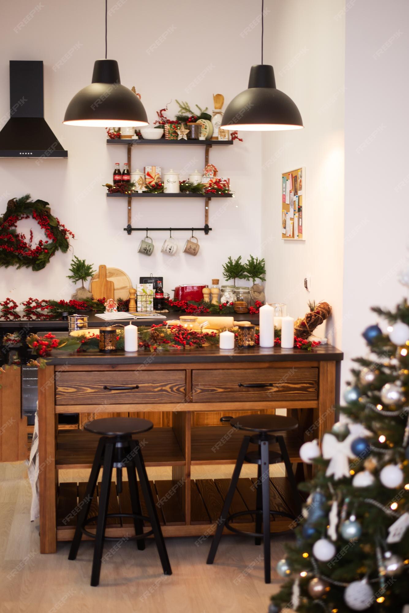 Premium Photo | Christmas kitchen. interior light grey kitchen and ...