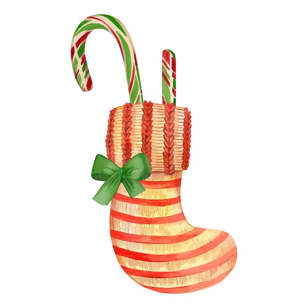 Christmas knitted striped stocking handpainted in watercolor with a green bow and striped lollipops